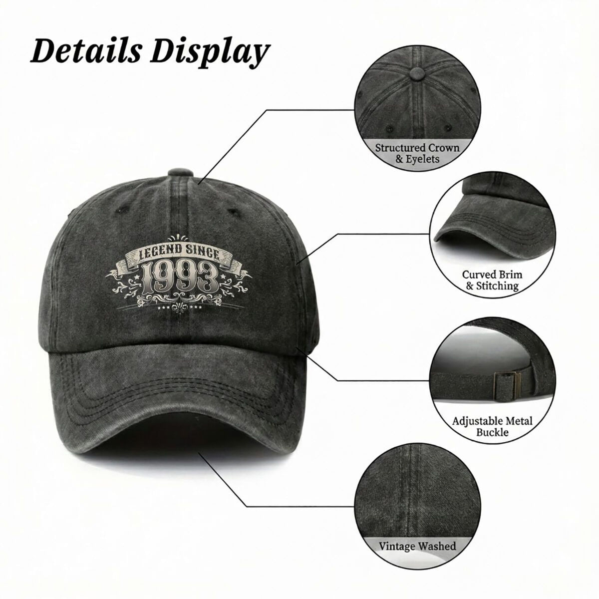 1993 Vintage Text Design Retro Washed Distressed Baseball Cap, Unisex, Adjustable, Lightweight, Breathable Golf Cap with a Vintage Style