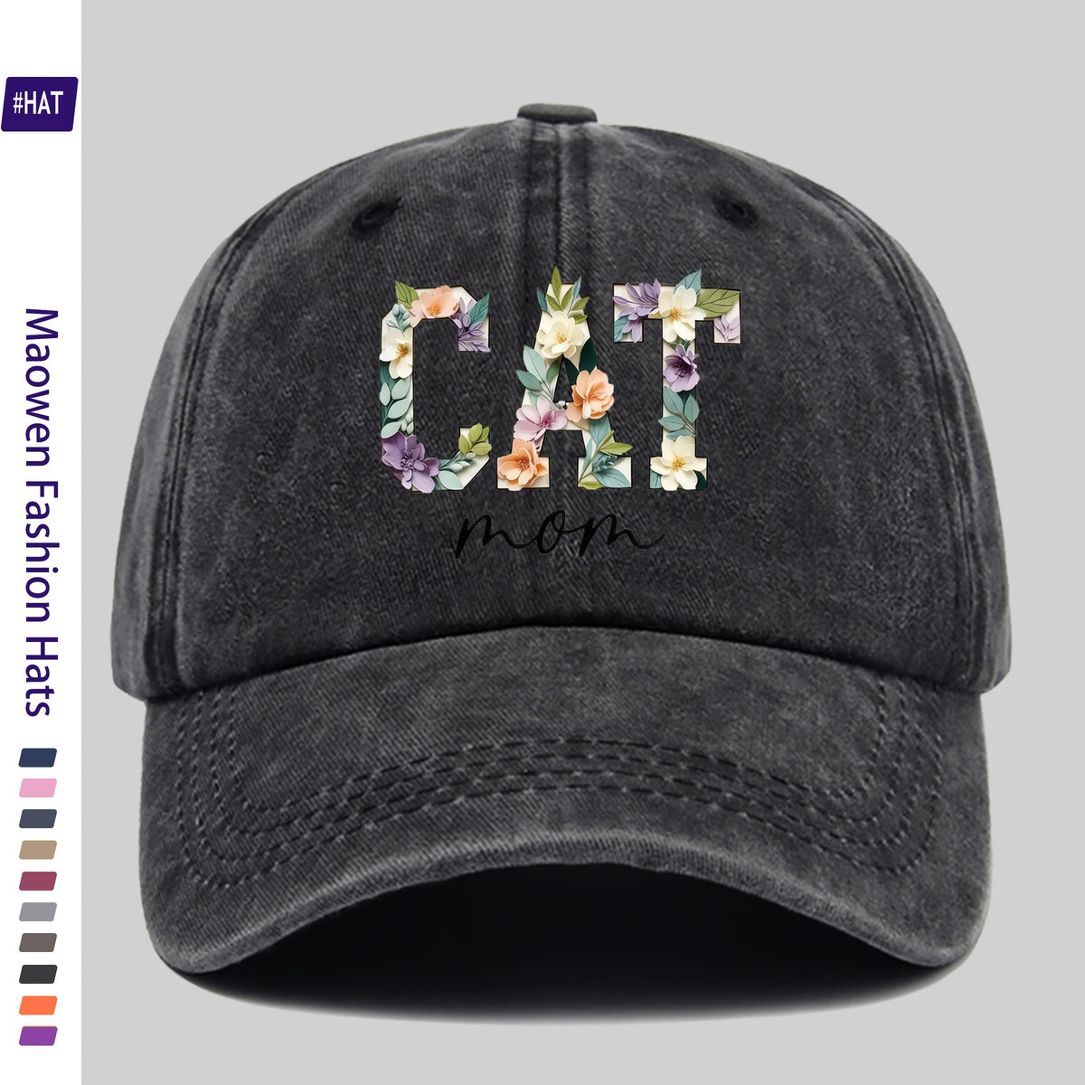 1 Washed Baseball Cap, Featuring a Floral Cat Mom Theme Iron-on Transfer Print Design, Vintage-style Distressed Baseball Cap for Autumn, Unisex Lightweight Outdoor Cap, Suitable for All-season Travel and Leisure, Adjustable Size Trucker Dad Hat, Idea