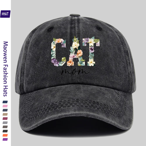 1 Washed Baseball Cap, Featuring a Floral Cat Mom Theme Iron-on Transfer Print Design, Vintage-style Distressed Baseball Cap for Autumn, Unisex Lightweight Outdoor Cap, Suitable for All-season Travel and Leisure, Adjustable Size Trucker Dad Hat, Idea