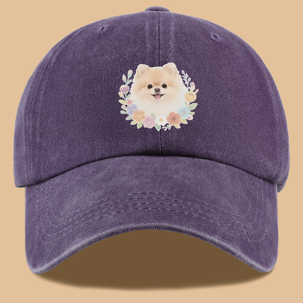 1pc Cute Pomeranian Dog Floral Surround Print Baseball Cap, Adorable Cartoon Breathable Sun Hat, Fashionable Fresh Aesthetic Unisex Cap, Adjustable Size Casual Streetwear, Campus Student Hat, Suitable for Daily Commuting, Park Outings