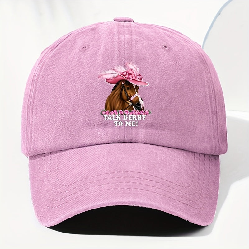 Unisex Adjustable Baseball Cap, Pink Horse Pattern with "Talk Derby to Me!" Print - Lightweight 100%, Machine Washable Vintage Design, Ideal for Casual Outdoor And Daily Wear