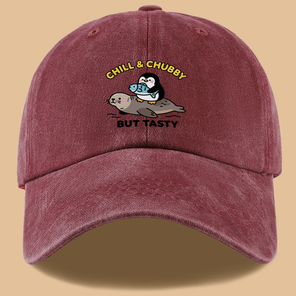 1pc 1pcs "CHILL & CHUBBY BUT TASTY" Penguin Hugging Fish on Seal Print Baseball Cap - Cute Duckbill Cap Suitable for Daily Outfits, Beach Vacations, Student Style, Adjustable Unisex Hat for &, Creative, Park Picnics