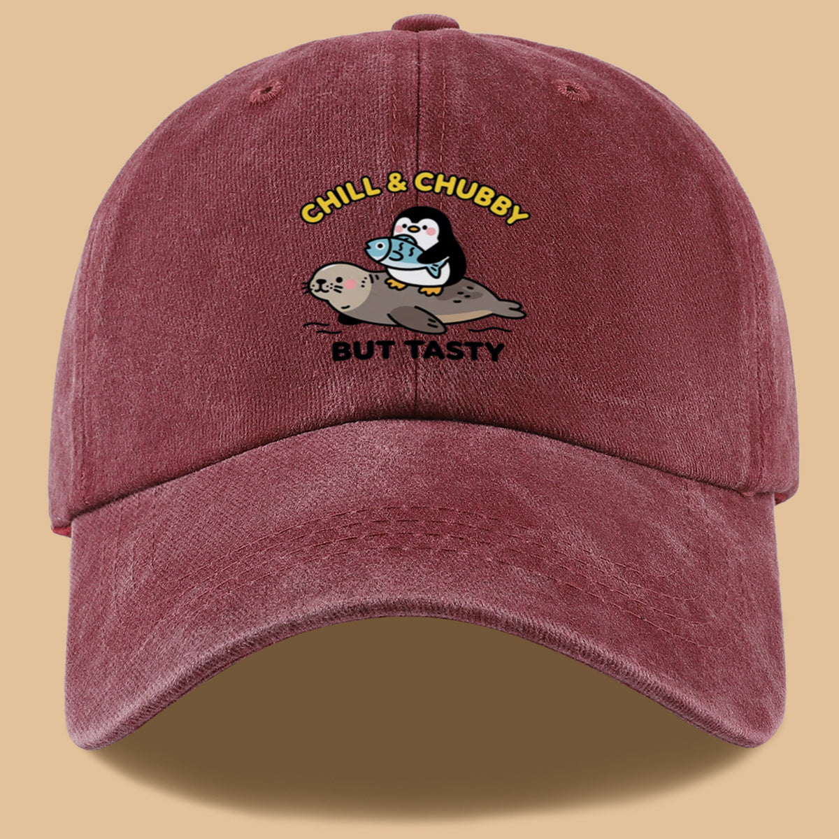 1pc 1pcs "CHILL & CHUBBY BUT TASTY" Penguin Hugging Fish on Seal Print Baseball Cap - Cute Duckbill Cap Suitable for Daily Outfits, Beach Vacations, Student Style, Adjustable Unisex Hat for &, Creative, Park Picnics