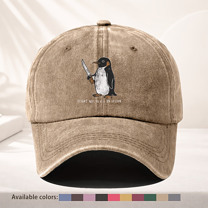 Unisex Baseball Cap, Vintage Cute Penguin Fun Print Baseball Cap, Adjustable for Men And Women, Quirky Street Style with Distressed Look, Top Choice for Personalized Outfits, Washed-Out Effect, Everyday Casual Hat