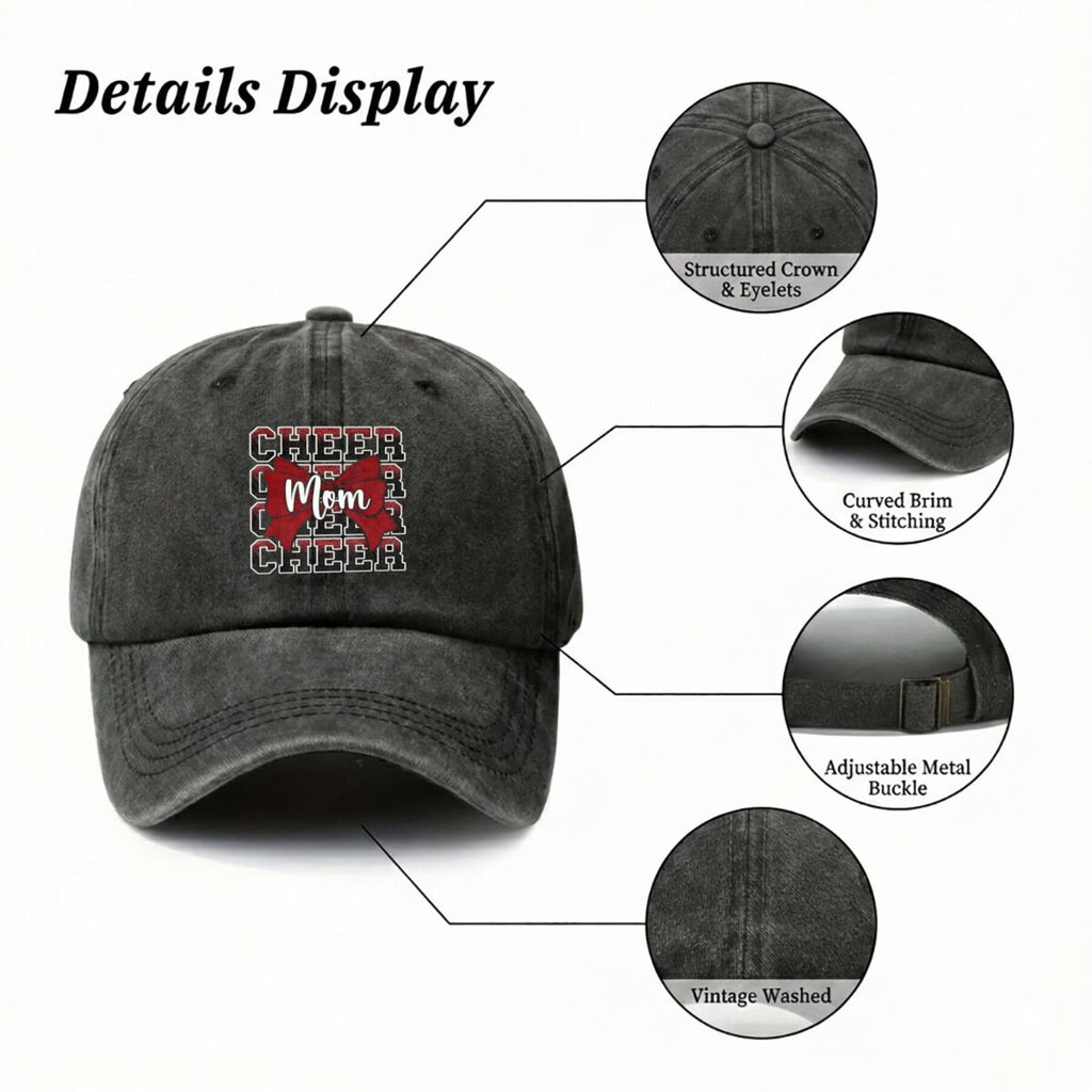Cheer Mom Bow Squad Text American Retro Washed Distressed Printed Baseball Cap for Men and Women, Suitable for Spring and Autumn, Outdoor Sun Hat,  Trendy Hip-hop Duckbill Cap