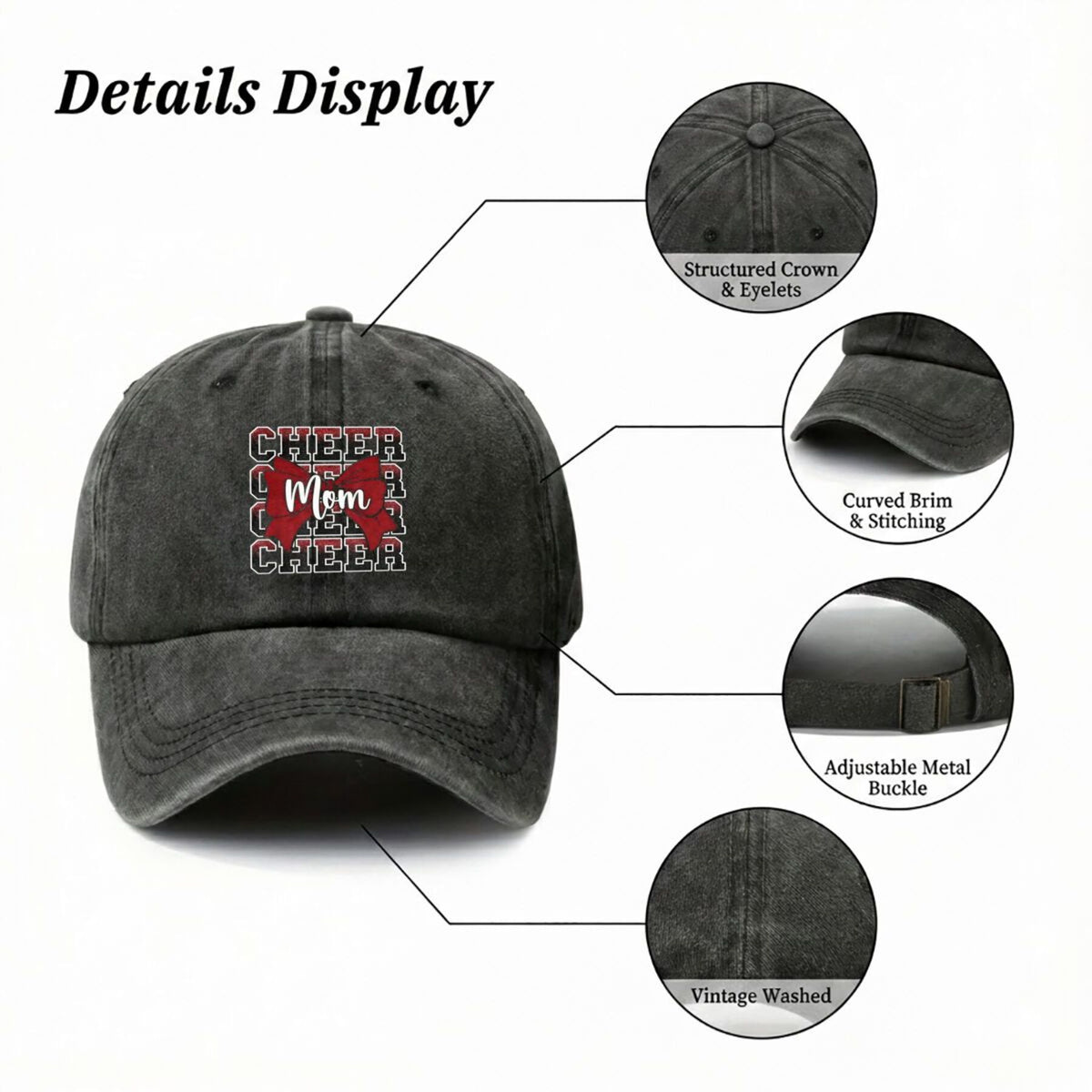 Cheer Mom Bow Squad Text American Retro Washed Distressed Printed Baseball Cap for Men and Women, Suitable for Spring and Autumn, Outdoor Sun Hat,  Trendy Hip-hop Duckbill Cap