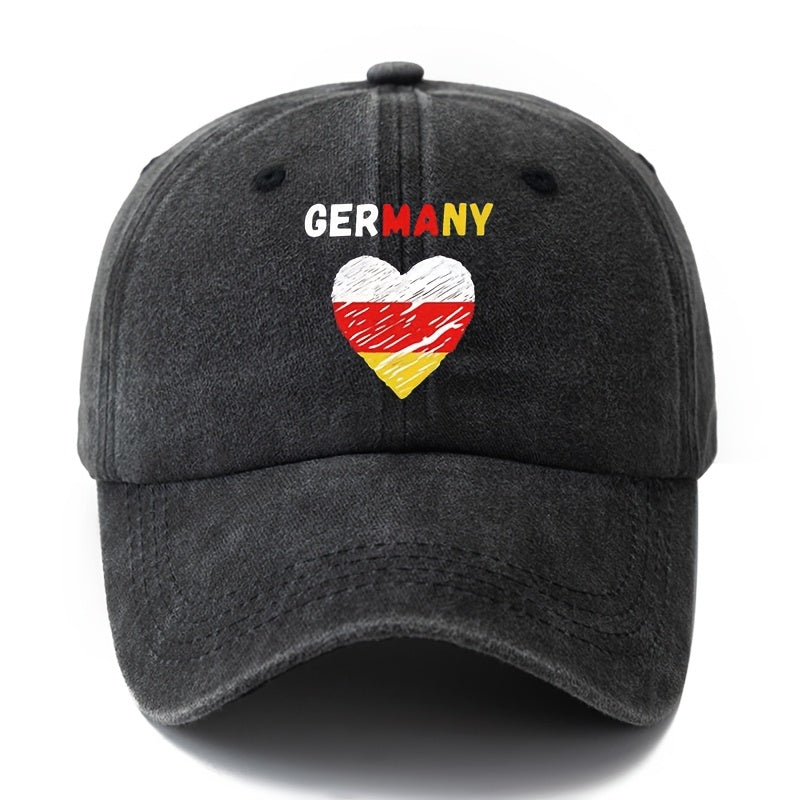 A Unisex Fashionable and Versatile Printed GERMANY Heart Baseball Cap, Featuring a Classic Vintage Washed Outdoor Lightweight Curved Brim. This Trucker Baseball Cap Is Suitable for Casual Occasions Such as Outdoor Vacations, Travel, and Camping