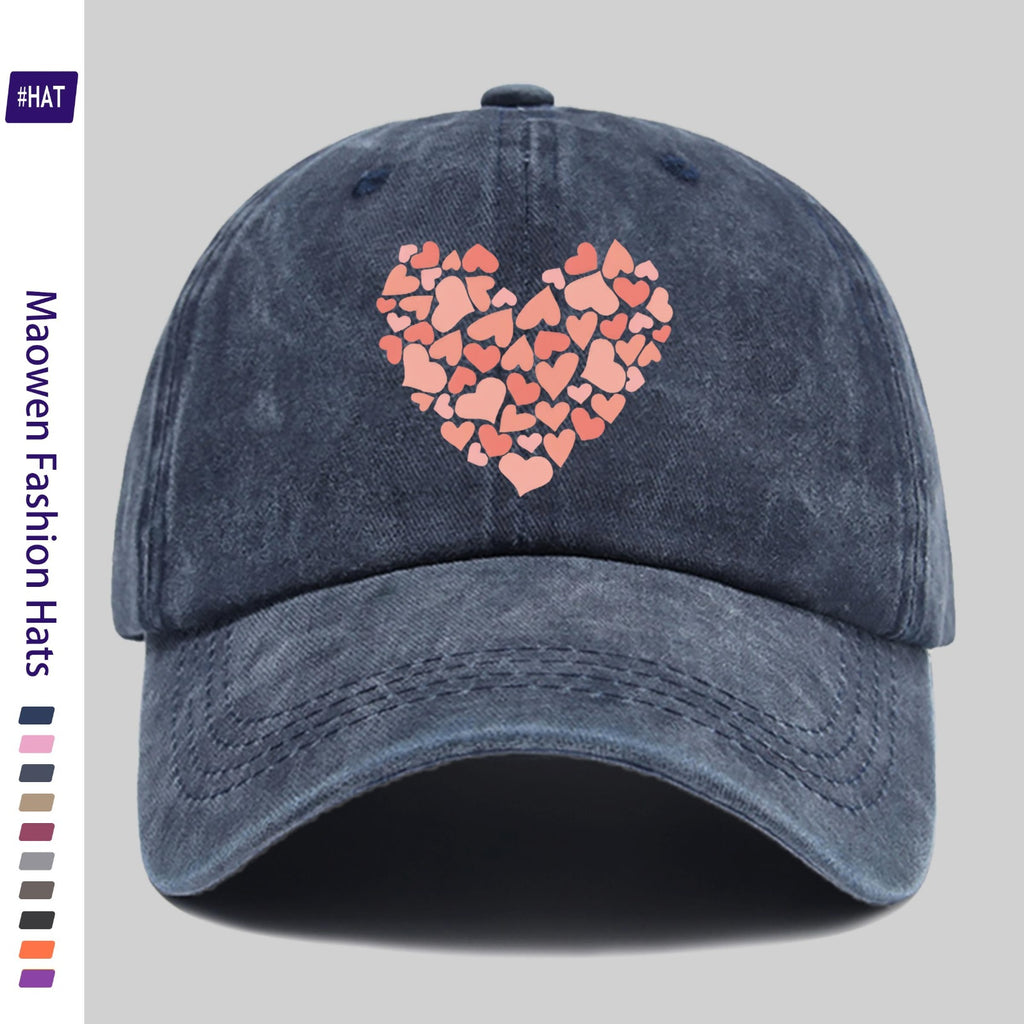 Summer Unisex Adjustable Baseball Cap, Washed Distressed Design, Large Heart Print with Small Heart Details, Washed Vintage Cap, Street Skateboard Cap, Retro Dad Hat, Durable, Comfortable, Breathable Trucker Cap