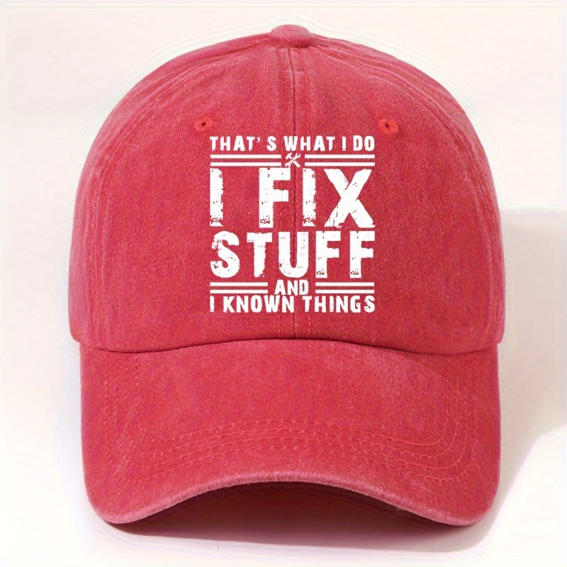 EOXF Vintage Washed Baseball Cap- Black with the Text "I Fix Stuff, " Adjustable Strap, Breathable Six-panel Design, Suitable for Mechanics, DIY Enthusiasts, and Everyday Casual Wear- Unisex Headwear, Vintage Style, Adjustable Size
