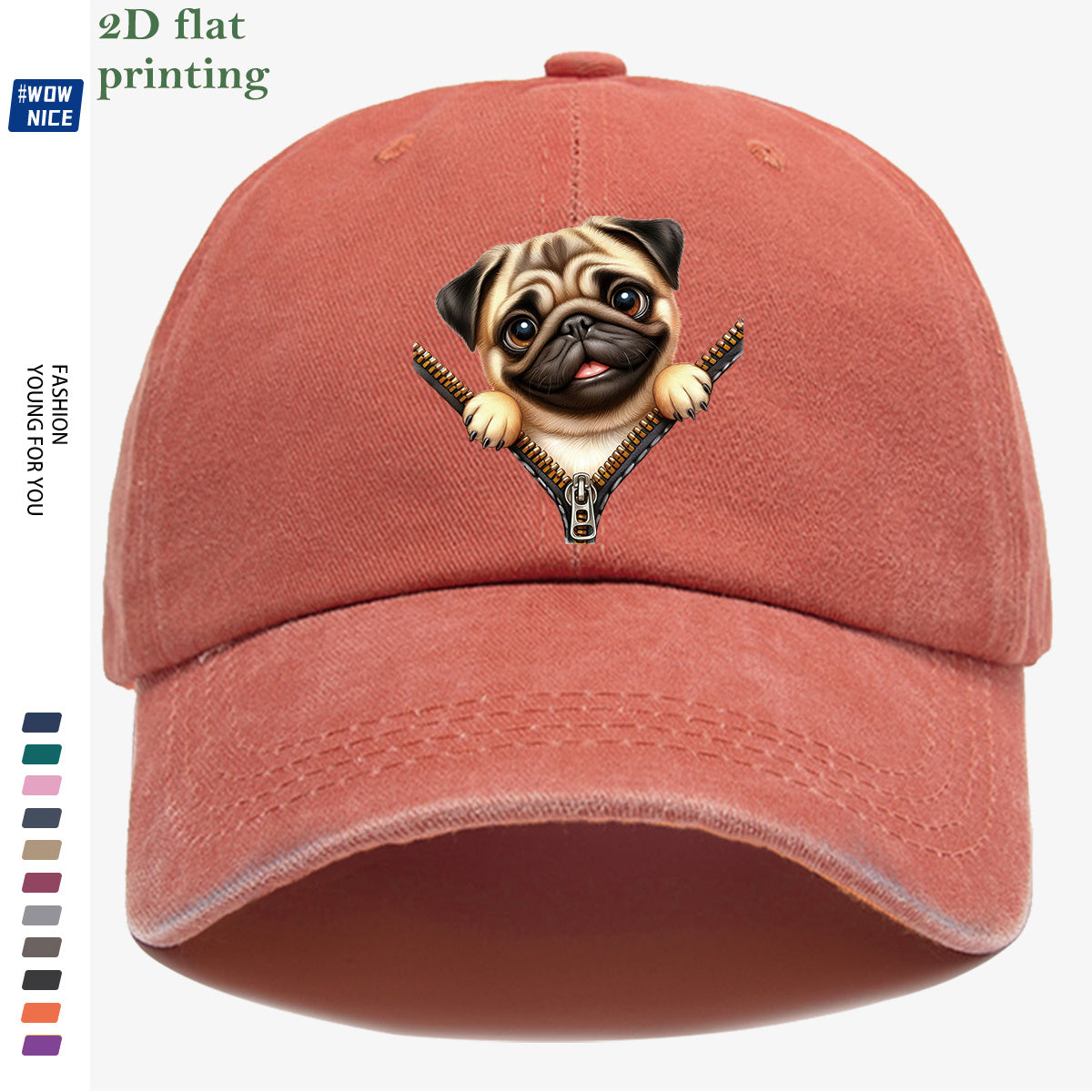 1pc Pug Zipper Print Baseball Cap, Cute Animal Pattern Headwear, Fashionable and Versatile Hat Accessory, Unisex Street Style Hat with Adjustable Size, Slimming and Face-Shaping, Suitable for Daily Outings, Parties, Dates, Shopping, Outings
