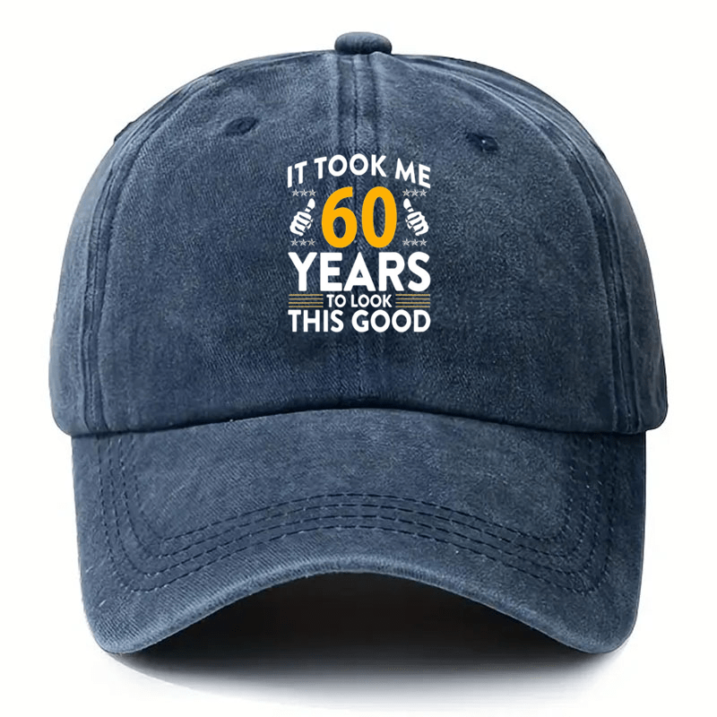 Vintage Distressed Baseball Cap Compatible for Golf & Outdoor - 'It Takes Me 60 Years to Look This Good' Print, Adjustable Unisex Hat with Breathable Black Fabric & Yellow/White Lettering, Funny Aged Look for Seniors & Casual Wearers