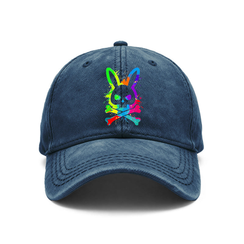 1pc of Vintage Washed Unisex Baseball Caps Featuring a Colorful Splatter Design with a Skull Rabbit Motif. These Adjustable Caps Are Perfect for Outdoor Activities And Casual Outings, Making Them Great Gifts for Both Men And Women