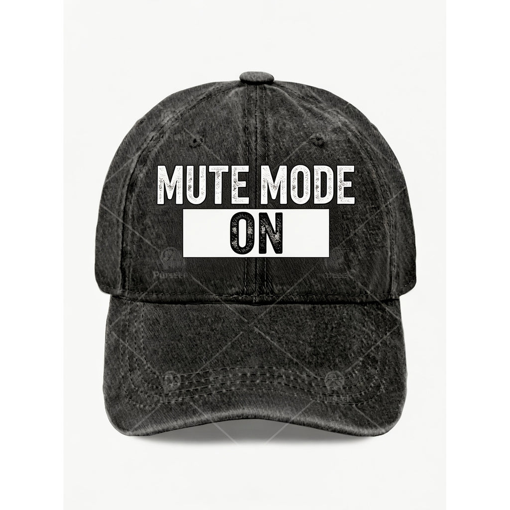Vintage Washed Baseball Cap with Mute Mode On Text & Positioning Labeling Suitable for Anniversary Gift, Unisex Adjustable Hat, Machine Washable for and, Casual Streetwear Accessory