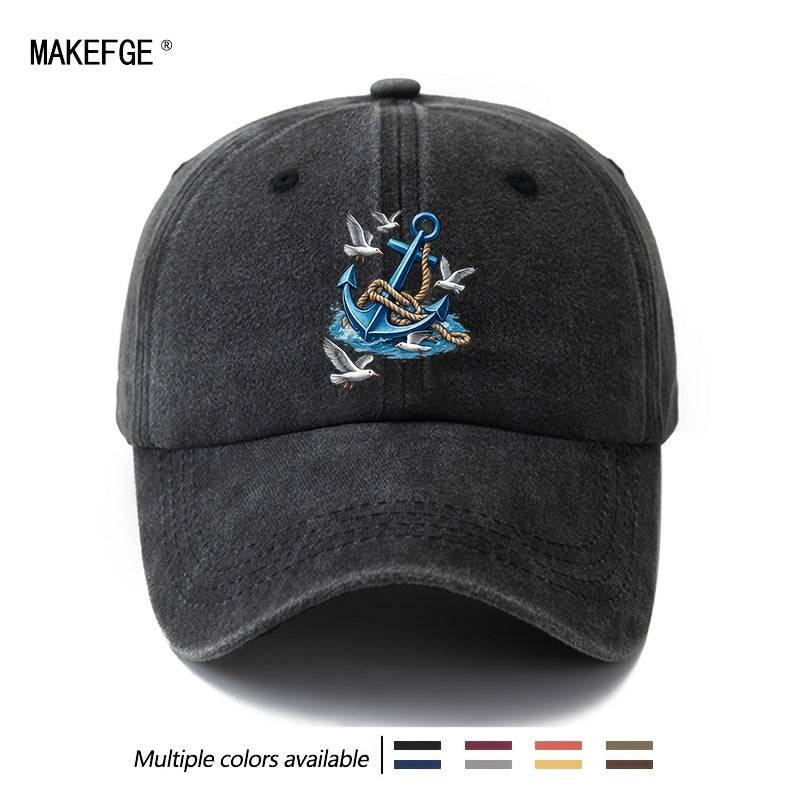 Unisex, Fashionable And Versatile Printed Nautical Anchor Baseball Cap, Classic Retro Washed Outdoor Lightweight Curved Brim Cap, Trucker Baseball Cap, Suitable for Outdoor Vacations, Travel, Camping, And Other Casual Occasions, Hip-Hop Style Cap