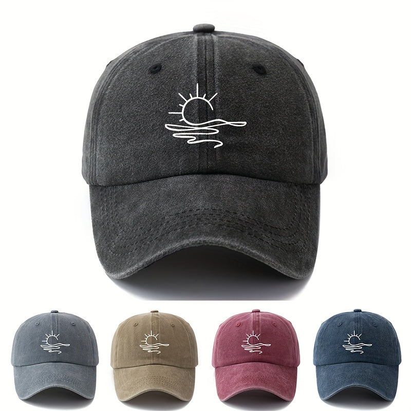 One Size Fits Most Washed Printing Sun Pattern Baseball Cap, Fashionable Curved Brim Hat, Suitable for Outdoor Vacation Travel Camping Leisure Occasions, Truck Driver Baseball Cap