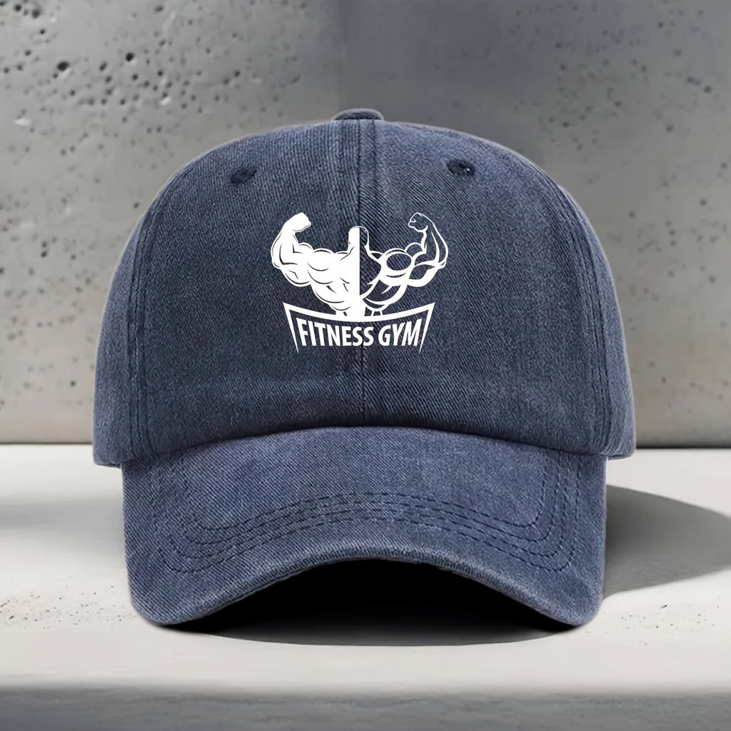 Men's & Women's Adjustable Baseball Cap with Muscle Silhouette & "FITNESS GYM" Print - Curved Brim Snapback Hat Suitable for Gym, Yoga, Outdoor Sports, Washed Style for Fitness Enthusiasts, Strength Training, Unisex