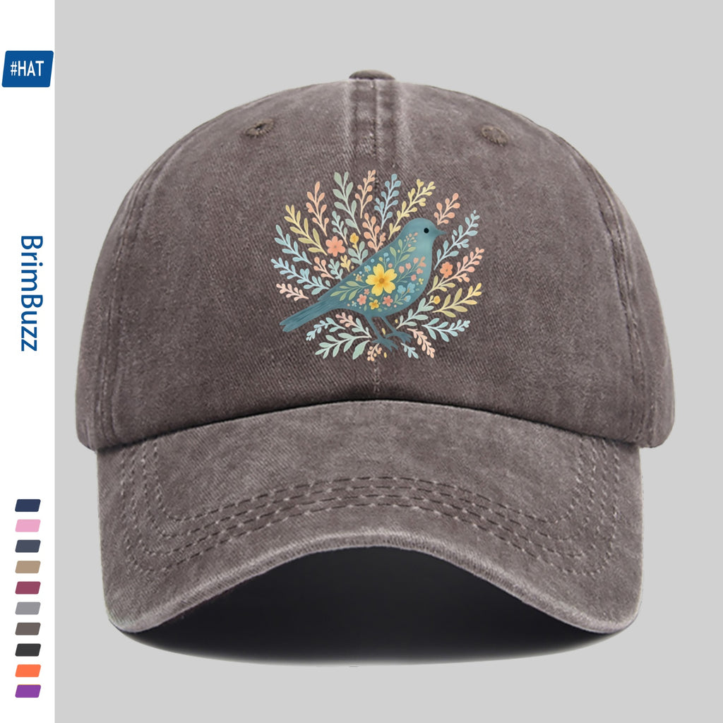 A Baseball Cap Featuring a Print of Birds Surrounded by Flowers And Plants, a Vintage Design Sun Hat, a Comfortable And Lightweight Trucker Hat with Adjustable Straps, an American Street Style Skateboard Cap