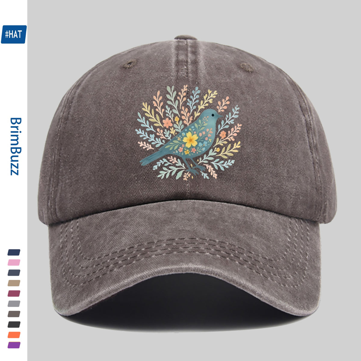 A Baseball Cap Featuring a Print of Birds Surrounded by Flowers And Plants, a Vintage Design Sun Hat, a Comfortable And Lightweight Trucker Hat with Adjustable Straps, an American Street Style Skateboard Cap