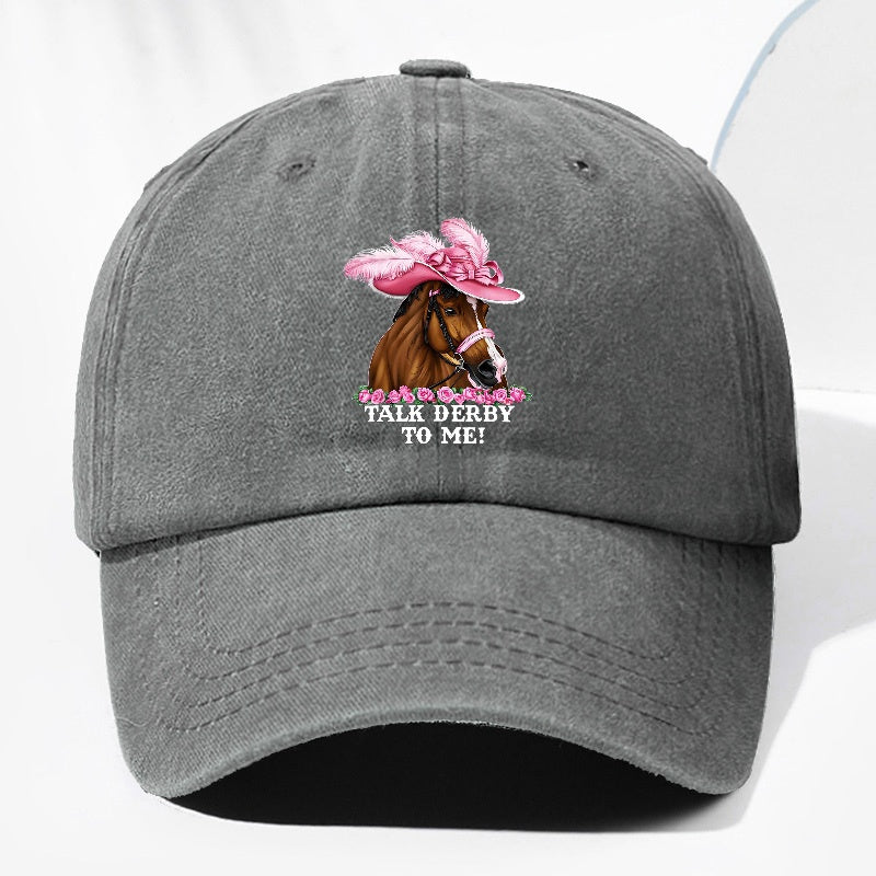 Unisex Adjustable Baseball Cap, Pink Horse Pattern with "Talk Derby to Me!" Print - Lightweight 100%, Machine Washable Vintage Design, Ideal for Casual Outdoor And Daily Wear