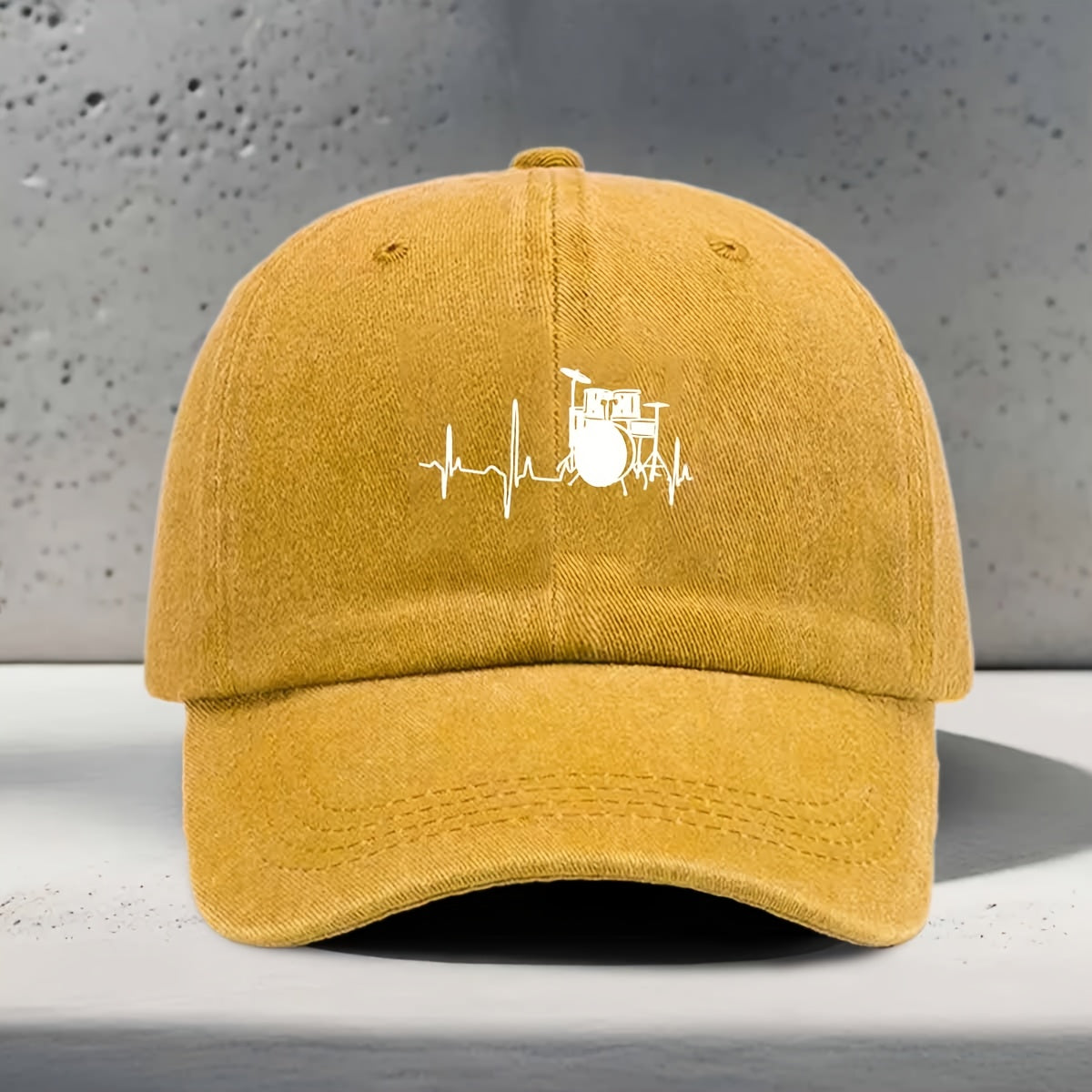 Men's & Women's Baseball Cap with Music-Themed Drum Print & Heartbeat Line - Adjustable Snapback Curved Brim Hat Suitable for Music Festivals, Outdoor Sports, Daily Wear - Washed Unisex Drummer Cap for Concerts and Casual Outfits