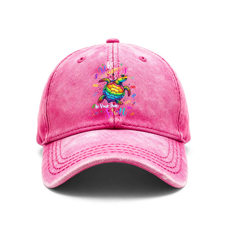 A Vintage Washed Unisex Baseball Cap, Featuring a Rainbow Turtle Design Paired with Bright-colored Pop Art. These Adjustable Hats Are Perfect for Outdoor Activities and Casual Outings, Making Them an Excellent Gift for Men, Women, and Friends.