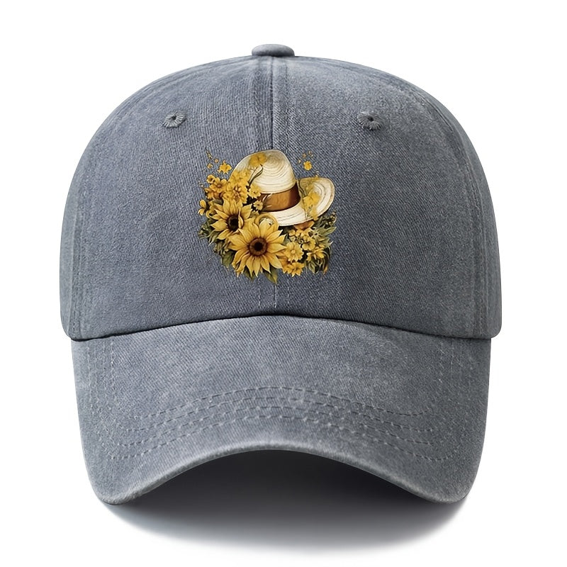 Printed Sunflower Baseball Cap, Unisex And Adjustable Size, with Curved Brim, Lightweight And Sun-Protective for Outdoor Use, Suitable for Outdoor Vacations, Camping, Casual Wear, And Hip-Hop Style, Trucker Baseball Cap
