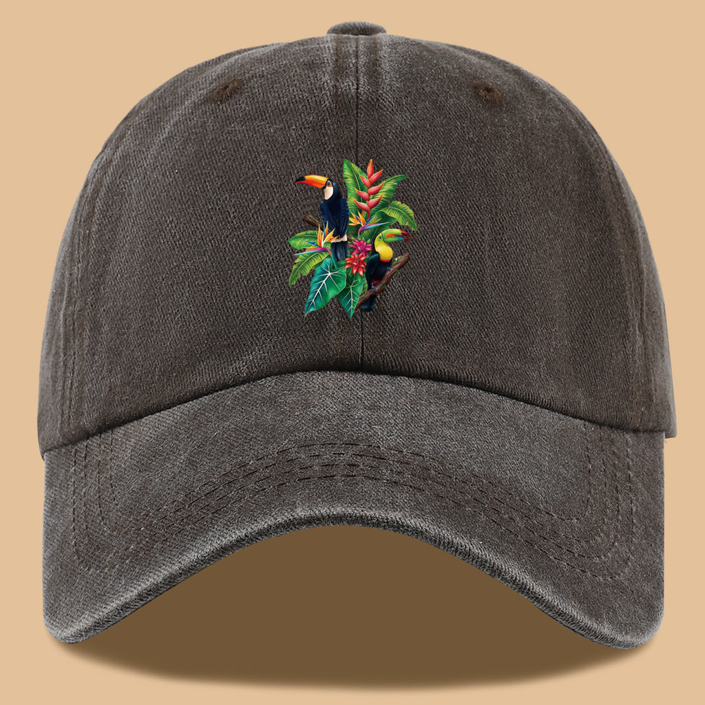 1pc Tropical Rainforest Theme Toucan Print Baseball Cap, Tropical Plant Floral Pattern Sun Hat, Fashionable And Individual Aesthetic Unisex Baseball Cap, Adjustable Size Outdoor Casual Sun Hat, Suitable for Vacation, Travel, Camping, Picnic