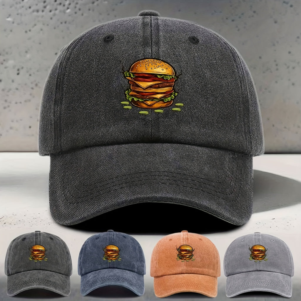 Men's & Women's Baseball Cap with Burger Print - Adjustable Snapback Curved Brim Hat, Washed Suitable for Daily Outings, Casual Wear,, Hip-Hop Style - Unisex Washed Cap for All Head Sizes, Comfortable for Hamburger