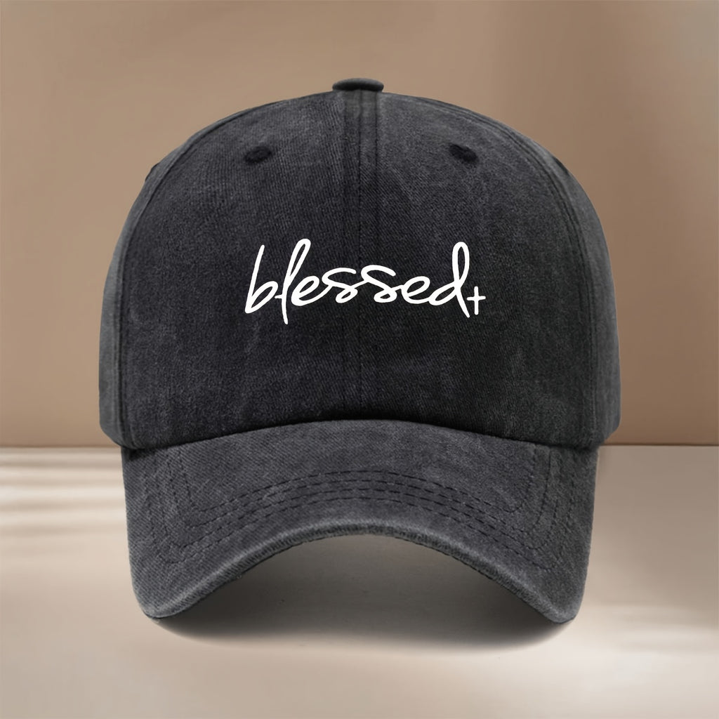 Blessed+ Text Pattern Baseball Cap, Relaxed Fit with Curved Brim for a Slimming Effect, Unisex Hip-Hop Style Curved Brim Hat, Lightweight and Comfortable Duckbill Cap for Vacations, Travel, Dinners, and Camping, Adjustable Size, Simple and  Six-Panel