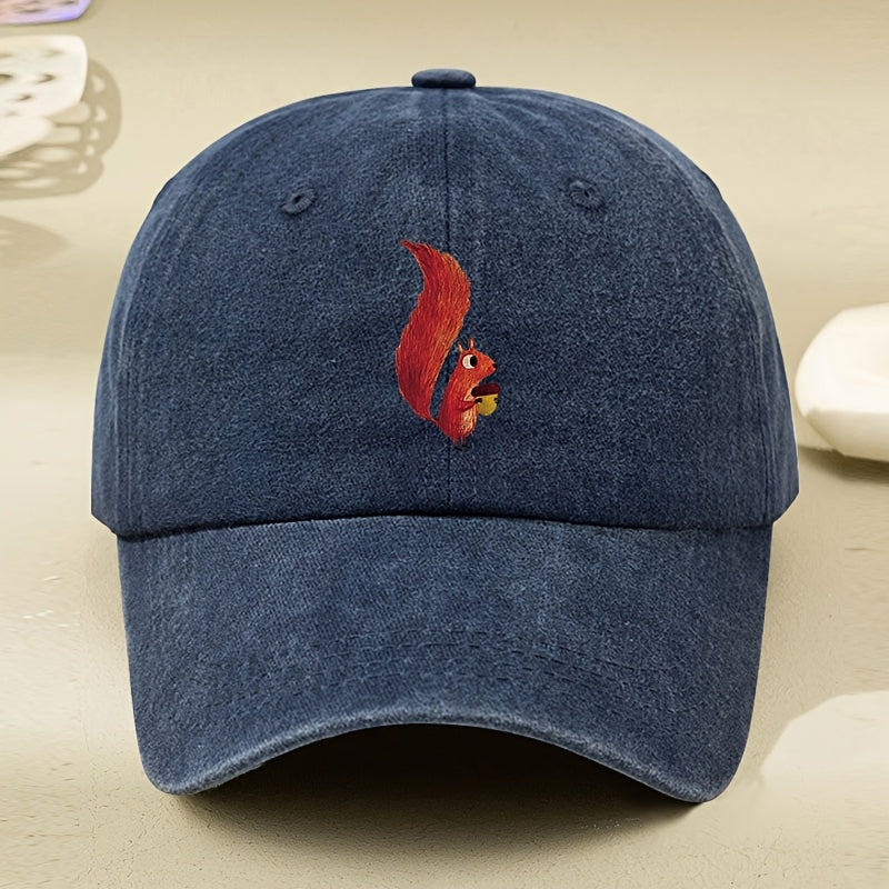 Little Squirrel Cartoon Print Women'S Baseball Cap, Spring/Summer Versatile Vintage Soft Top Duckbill Cap, Dad Hat, Distressed Washed Cap, Outdoor Personalized Soft Top Hat, Unisex Hat, Distressed Washed Hat, Men'S Hat, Women'S Hat