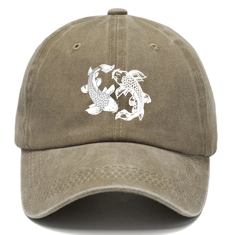 A Water-Washed Baseball Cap Featuring a Yin-Yang Fish Print - an Adjustable Unisex Hat with Traditional Chinese Koi Fish Symbols, Lightweight And Breathable for Outdoor Sun Protection, a Korean Cultural Accessory