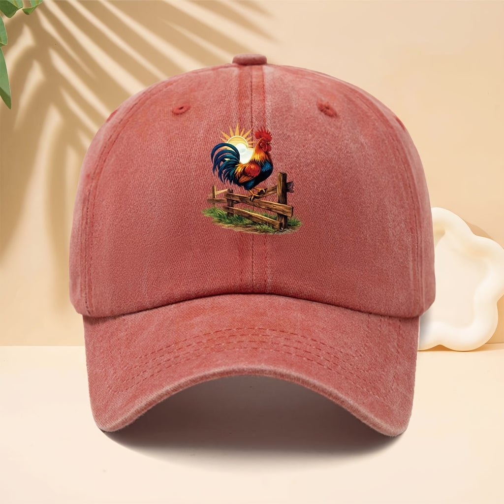 Baseball Cap with Farm Sunrise Rooster Pattern, American Retro Farm Forest Healing Casual Style Dad Hat for Walking, Shopping, Travel, Gatherings, Vacations, Parties, Adjustable Brim, Unisex Casual Hat, All-Season, Hip-Hop Style, Soft Top Design