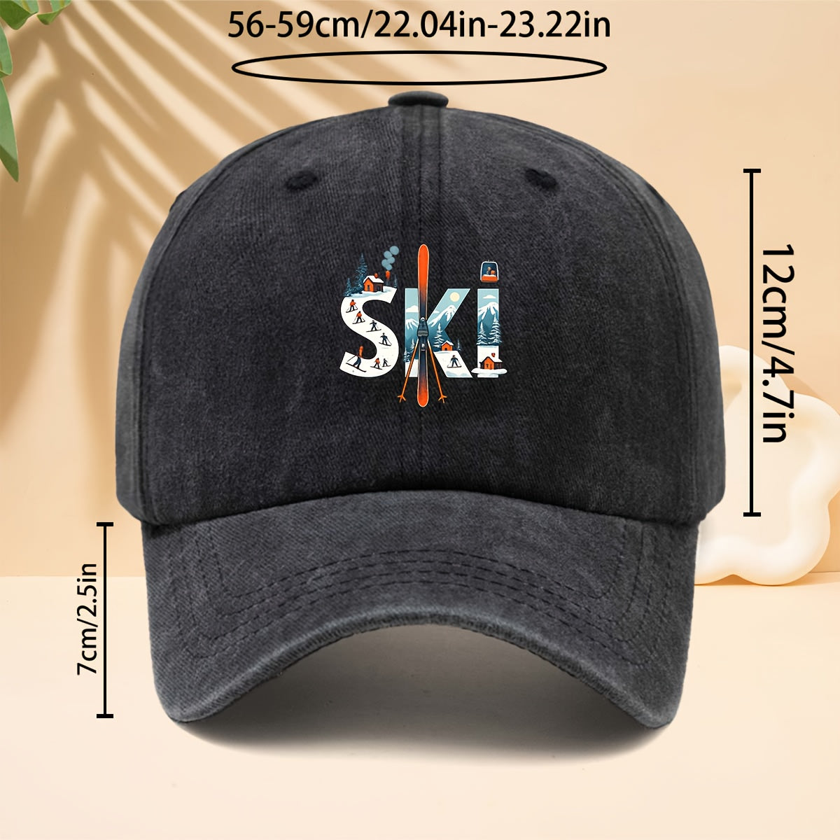 A Printed Baseball Cap with Ski-Related Elements And Patterns, Suitable for Outdoor Sports, a Six-Panel Hat for Men And Women, Couple'S Fashion, a Duckbill Cap with an Adjustable Soft Brim, Washed And Distressed Curved Brim Hat