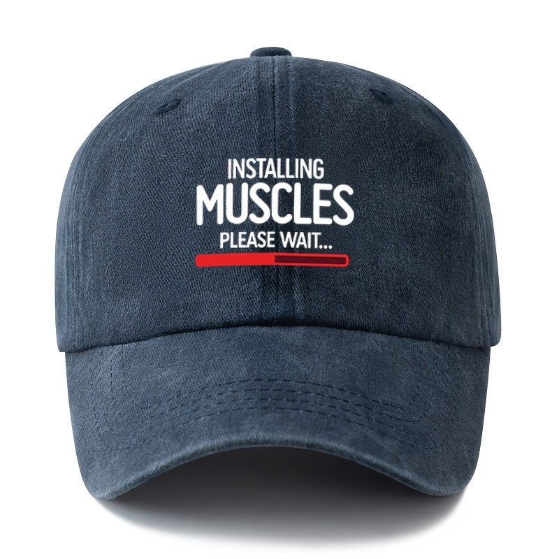 A Unisex Fashionable and Versatile Printed "MUSCLES" Baseball Cap, Featuring a Classic Vintage Washed Outdoor Lightweight Curved Brim. This Trucker Baseball Cap Is Suitable for Casual Occasions Such as Outdoor Vacations, Travel, and Camping. It Also