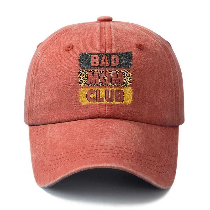 A Unisex Fashionable and Versatile "BAD MOM CLUB" Printed Baseball Cap, Featuring a Classic Vintage Washed Lightweight Curved Brim. This Trucker Baseball Cap Is Suitable for Casual Occasions Such as Outdoor Vacations, Travel, and Camping. It Also