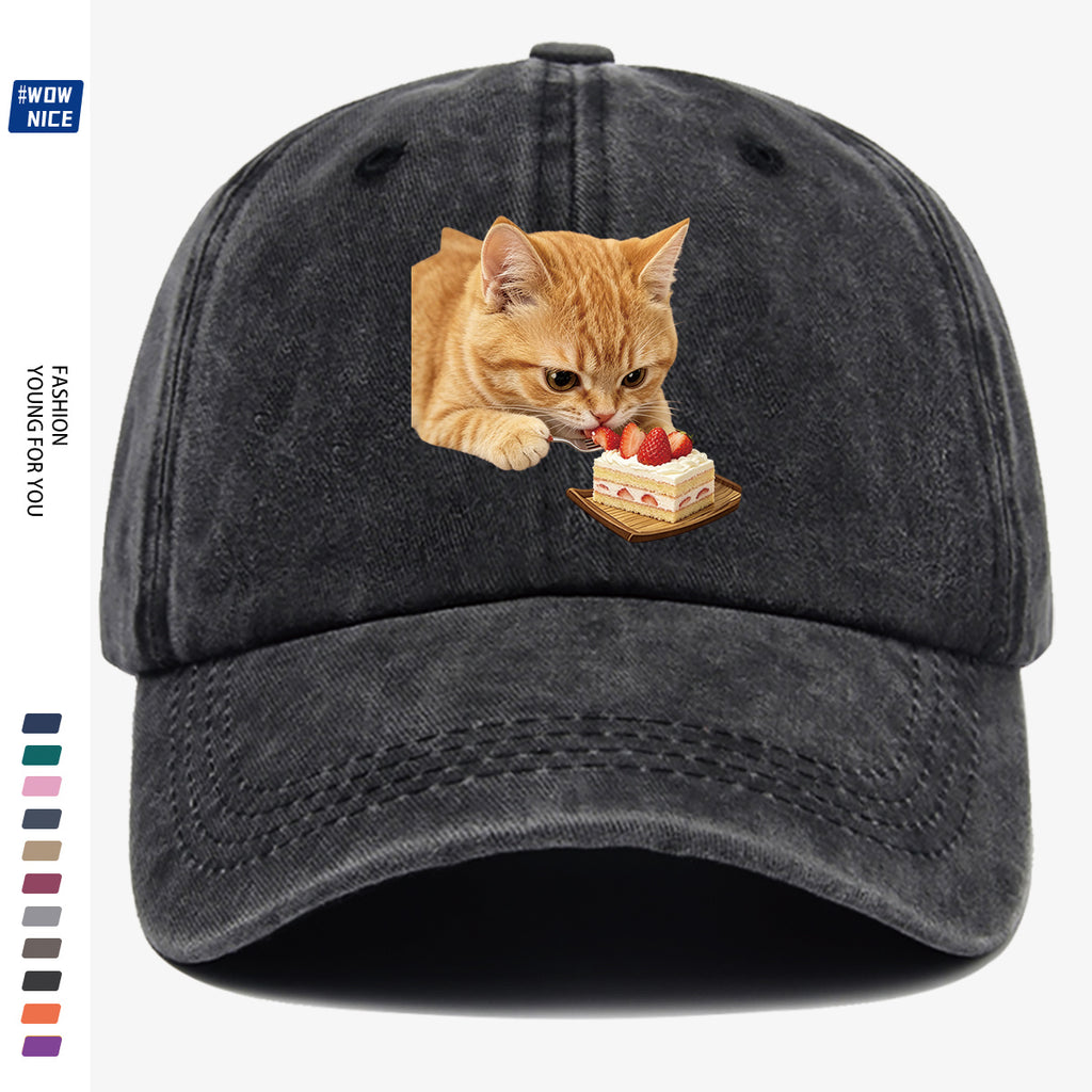 1pc Orange Cat Eating Strawberry Cake Fun Printed Baseball Cap, Cute And Playful Design Unisex Adjustable Size Casual Hat for Shopping, Dating, Coffee Shop Gatherings, Park Walks, Best Friend Outings, Weekend Fun, Party Activities, Trendy Accessory