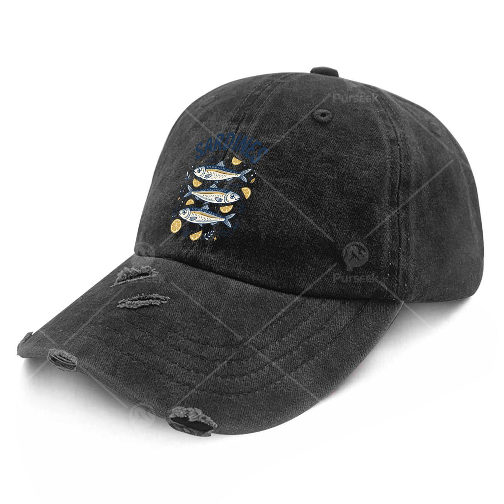 Men's Sardine-Themed Trucker Hat - Distressed Wash Baseball Cap with Sardine Print, Elastic Strap & Machine Washable Suitable for Casual Wear, Fishing Trips, Outdoor Activities, Nautical Cap for Sardine Lovers