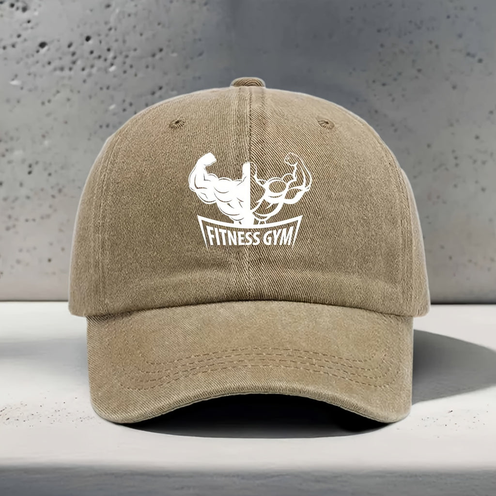 Men's & Women's Adjustable Baseball Cap with Muscle Silhouette & "FITNESS GYM" Print - Curved Brim Snapback Hat Suitable for Gym, Yoga, Outdoor Sports, Washed Style for Fitness Enthusiasts, Strength Training, Unisex