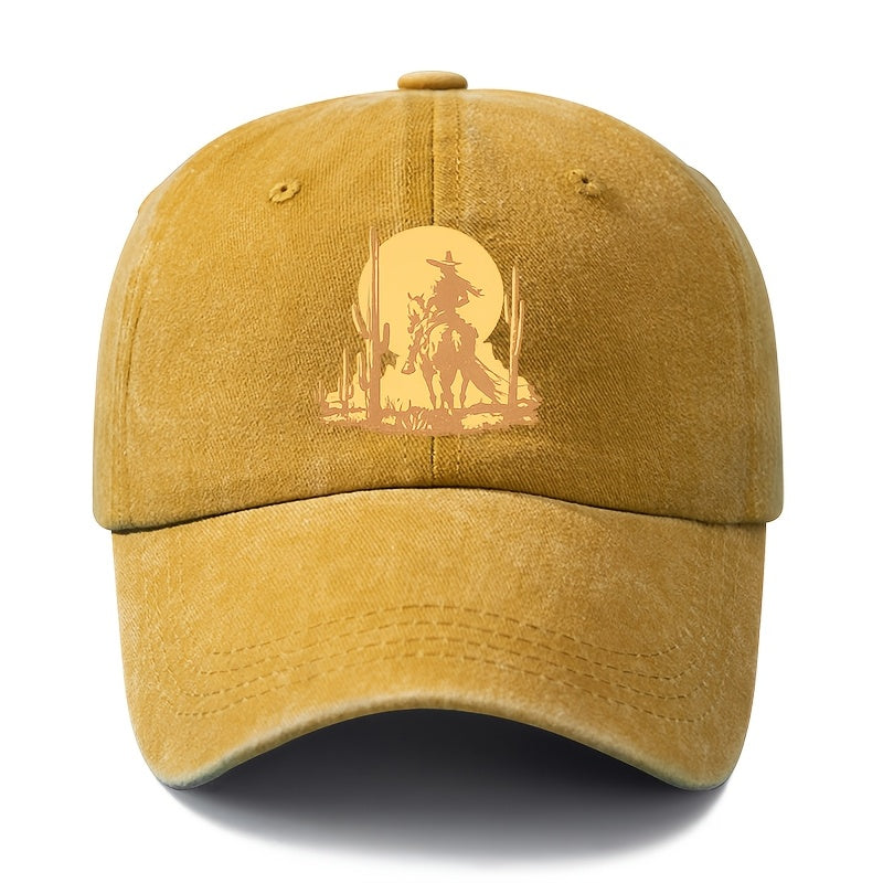 A Unisex Fashionable and Versatile Printed Desert Horseback Riding Hero Baseball Cap, Featuring a Classic Vintage Washed Outdoor Lightweight Curved Brim. This Trucker Baseball Cap Is Suitable for Casual Occasions Such as Outdoor Vacations