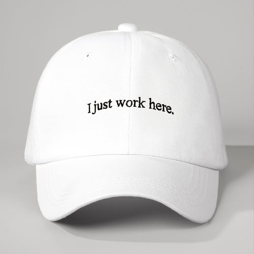 1 Embroidered I Just Work Here Washed Baseball Cap, Classic Casual Fashion Retro Style, Soft and Sweat-absorbent, Adjustable Size, Lightweight, Multifunctional Retro Dad Hat, Suitable for Outdoor Sports, Daily Wear, Parties, Vacations