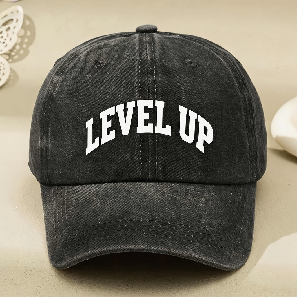 Level Up Motivational Vintage Black Baseball Cap for Men Women Casual Street Style Anniversary Gift