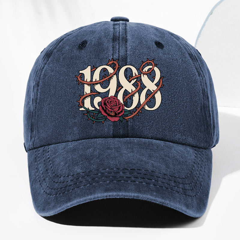 Unisex Thorn Flower 1988 Print Washed Vintage Baseball Cap, Fashionable Sun Outdoor Hat for Men and Women, Adjustable Trucker Hat Suitable for All Seasons and Daily Wear