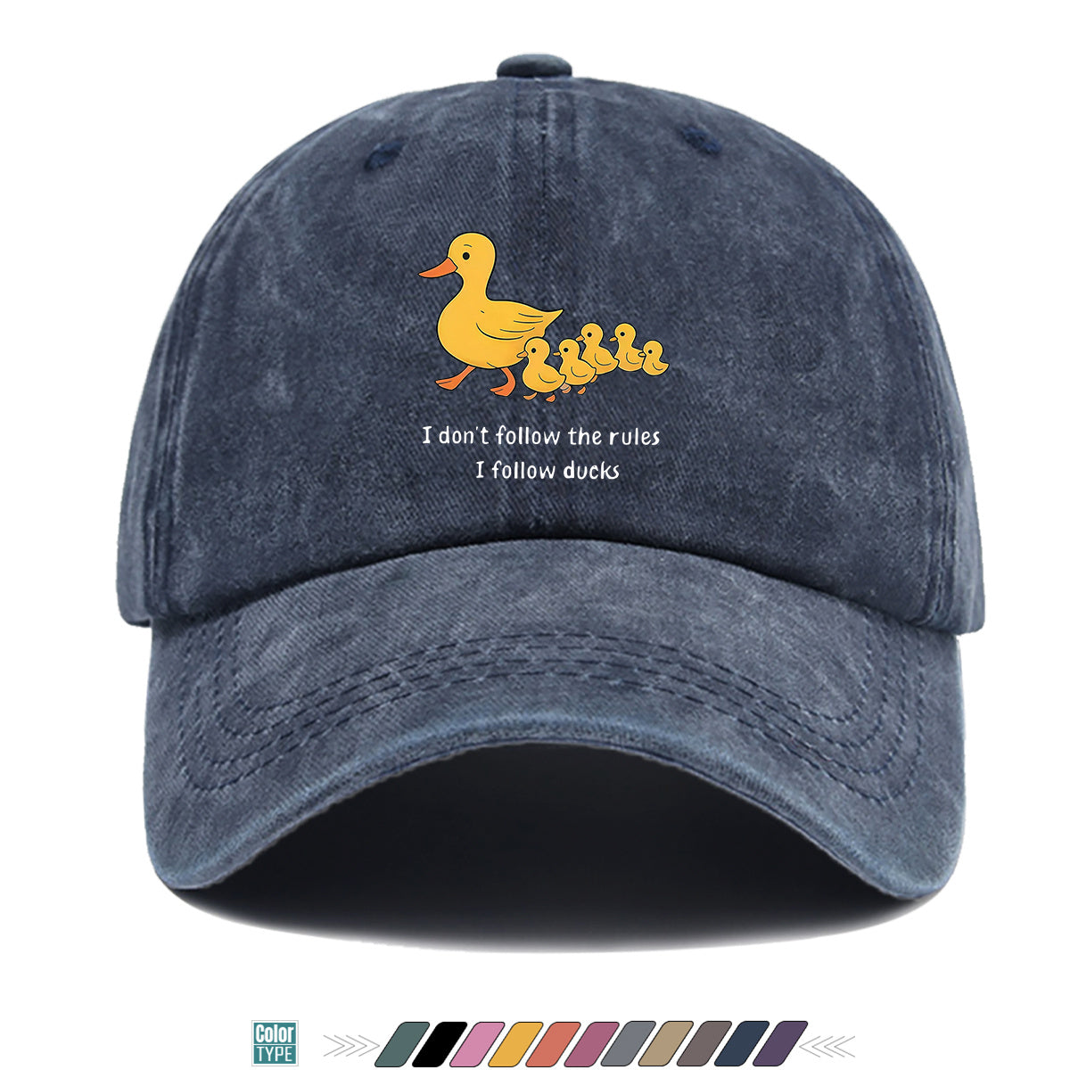 1pc Cartoon Mother Duck with Five Ducklings Print Baseball Cap, Retro Glitch Art Style Striped Background, Funny Slogan "I Don'T Follow The Rules, I Follow The Ducks", Comfortable And Breathable Sun Hat