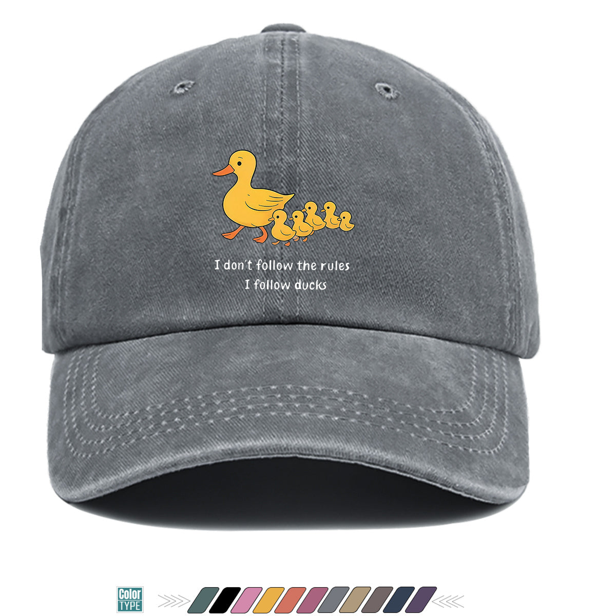 1pc Cartoon Mother Duck with Five Ducklings Print Baseball Cap, Retro Glitch Art Style Striped Background, Funny Slogan "I Don'T Follow The Rules, I Follow The Ducks", Comfortable And Breathable Sun Hat