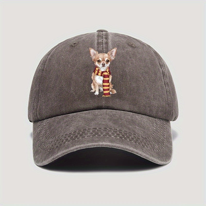 Cute Chihuahua & Scarf Print Vintage Washed Baseball Cap - Adjustable Snapback, Lightweight All-Season Outdoor Casual Hat, for New Year Celebrations, Accessory, Soft Texture, Seasonal Accessory, Playful Design, Hand Washable, Fashion Accessory