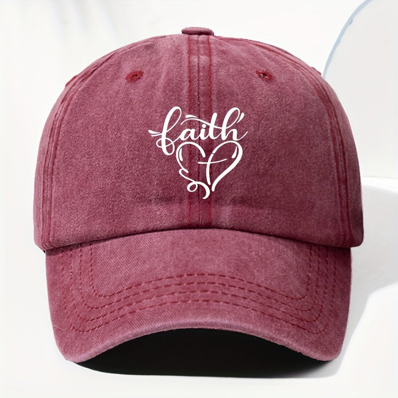Vintage Washed Baseball Cap with Faith And Heart Design - Adjustable, Lightweight Sun Hat, All-Season Wear, Perfect for Outdoor Activities, Baseball Cap