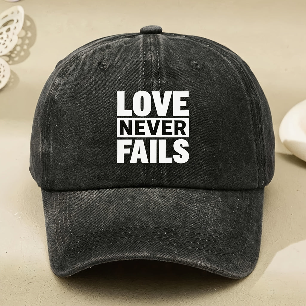 Love Never Fails Inspirational Quote Vintage Baseball Cap for Men Women Casual Street Anniversary Gift