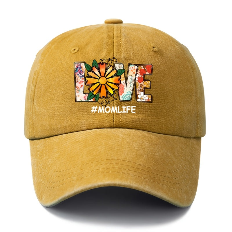 Unisex Fashion Versatile Floral Daisy LOVE Printed Baseball Cap, Classic Vintage Washed Outdoor Lightweight Curved Cap, Trucker Hat, Suitable for Outdoor Vacation Travel Camping And Casual Occasions, Holiday Party Hip-Hop Hat