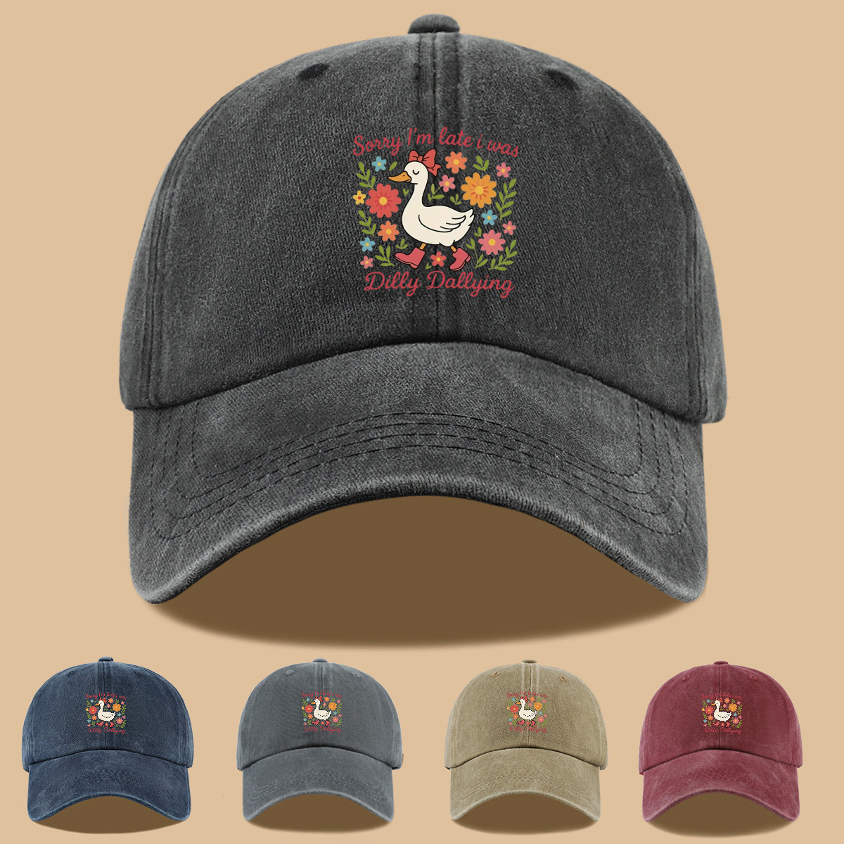 1pc Cute Duck "Sorry I'M Late, I Was Procrastinating" Printed Baseball Cap, Comfortable Breathable Sun Hat, Fashionable And Aesthetic Unisex Baseball Cap, Adjustable Size, Casual Duckbill Cap, Suitable for Picnics, Shopping, Dates, Walks, Vacations