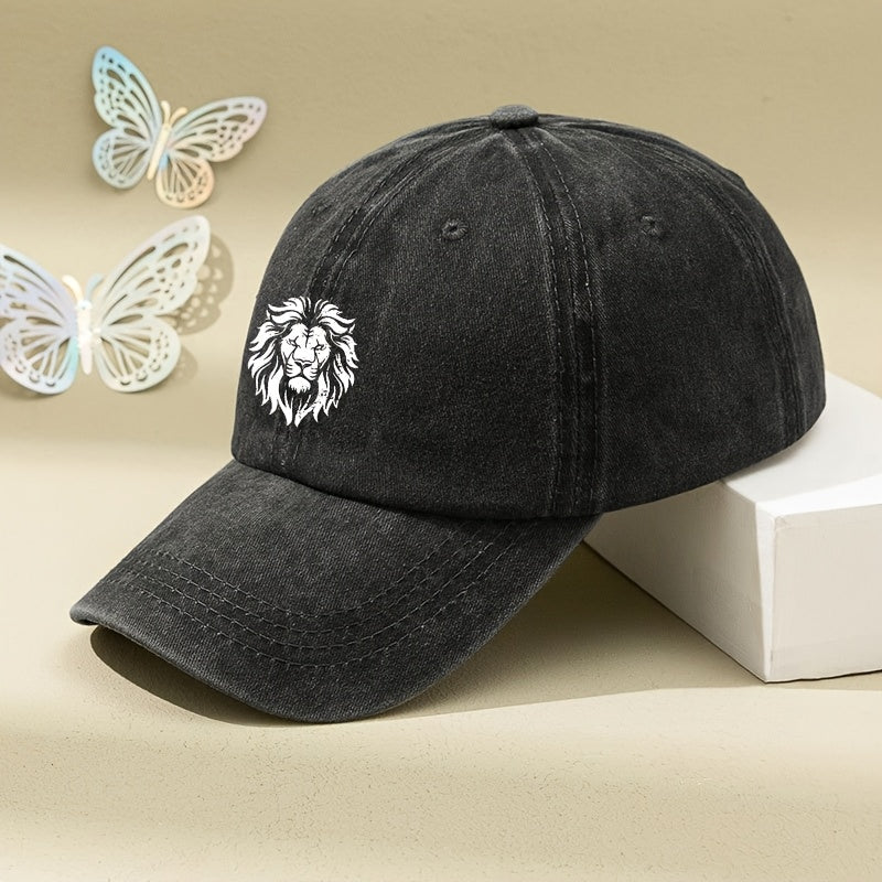 Men's & Women's Vintage Lion Baseball Cap - White Retro Dad Hat with Lion Print, Soft Washed Pull-String Cap Suitable for Outdoor Driving, Machine Washable Unisex Driving Hat